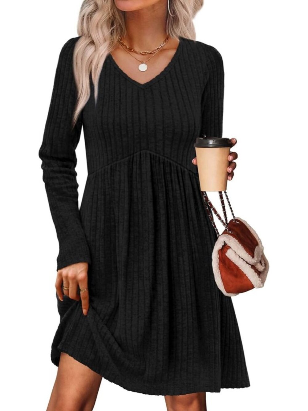 Women's Black Neck Empire Waist Baby Doll Long Casual with Pocket Mini Dress